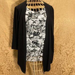 ALFRED DUNNER BLACK & WHITE BLOUSE WITH ATTACHED COVER UP & NECKLACE SIZE SMALL